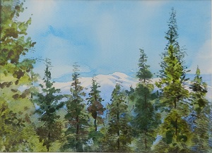 View of snow clad mountains in Kumaon - painting by Chitra Vaidya